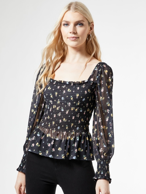 

DOROTHY PERKINS Women Black & Yellow Smocked Floral Printed Semi-Sheer Peplum Top