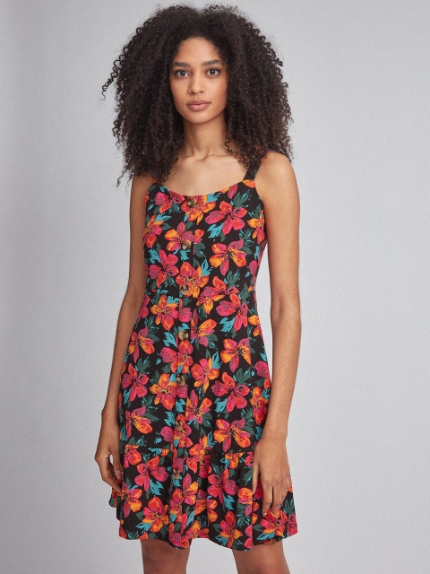 

DOROTHY PERKINS Women Black & Pink Floral Printed Fit and Flare Dress