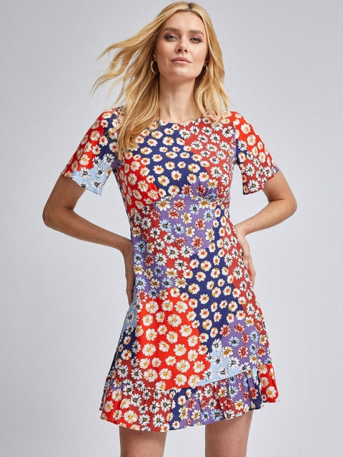 

DOROTHY PERKINS Women Orange & Blue Floral Print A-Line Dress