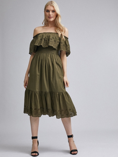 

DOROTHY PERKINS Women Olive Green Schiffli Embroidered Layered A-Line Dress