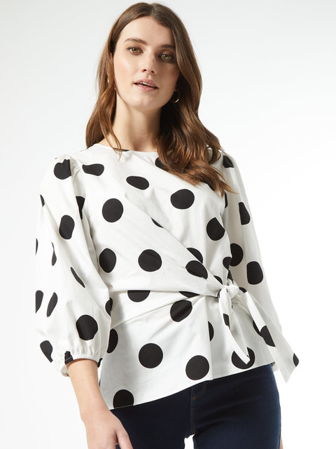 

DOROTHY PERKINS Women White & Black Polka Dots Print Pure Cotton Top
