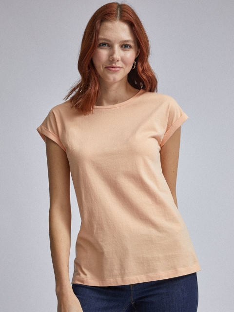 

DOROTHY PERKINS Women Peach-Coloured Solid Round Neck T-shirt