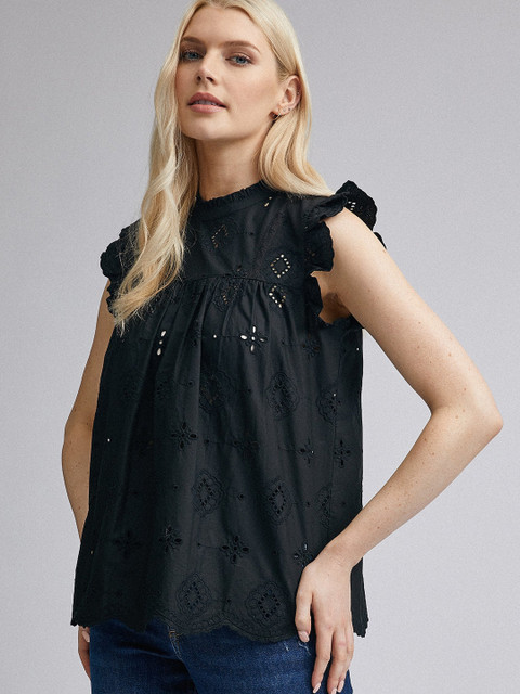 

DOROTHY PERKINS Women Black Lace Schiffli Embroidered Organic Semi-Sheer Pure Cotton Top