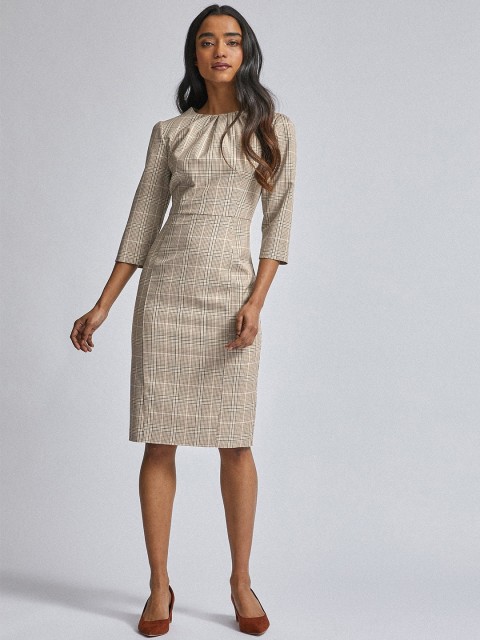 

DOROTHY PERKINS Petite Women Beige & Black Checked Sheath Dress