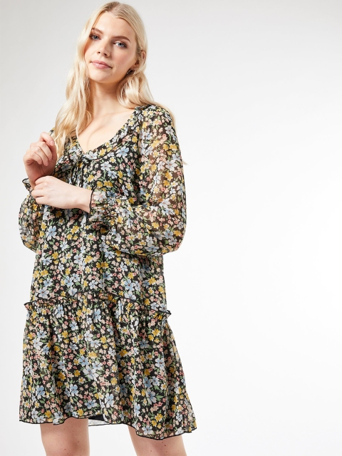 

DOROTHY PERKINS Women Black & Green Floral Print Drop-Waist Dress