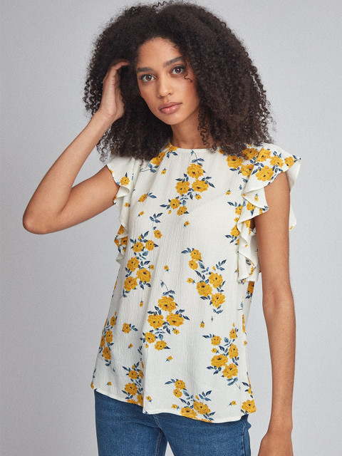 

DOROTHY PERKINS Women White & Mustard Yellow Floral Printed Top