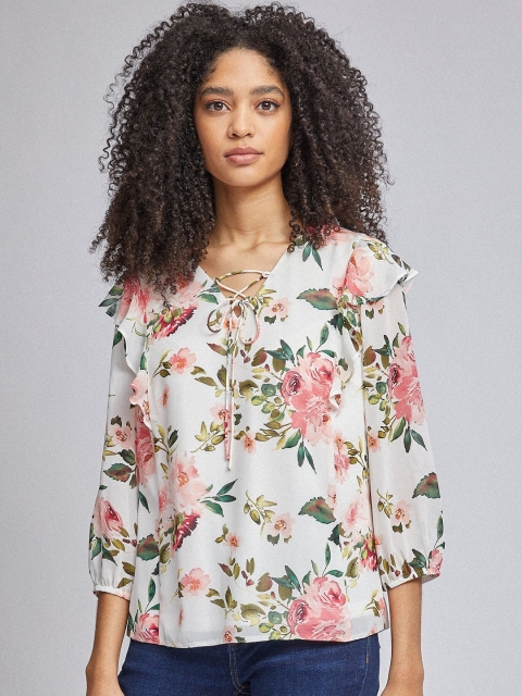 

DOROTHY PERKINS Women White & Pink Floral Print Top