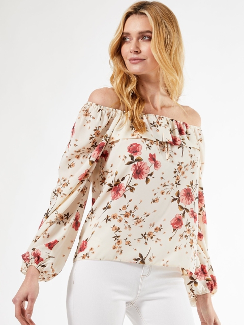 

DOROTHY PERKINS Women Cream-Coloured & Coral Red Floral Print Bardot Top