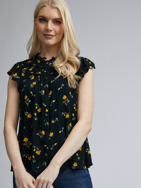 

DOROTHY PERKINS Women Black & Mustard Yellow Floral Printed A-Line Top