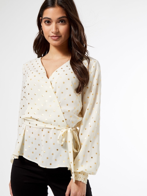 

DOROTHY PERKINS Women Cream-Coloured & Golden Printed Wrap Top