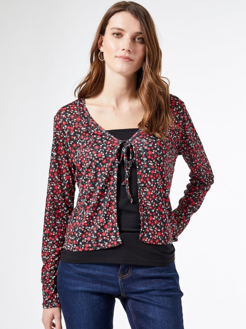 

DOROTHY PERKINS Women Black & Red Floral Printed Tie-Up Shrug