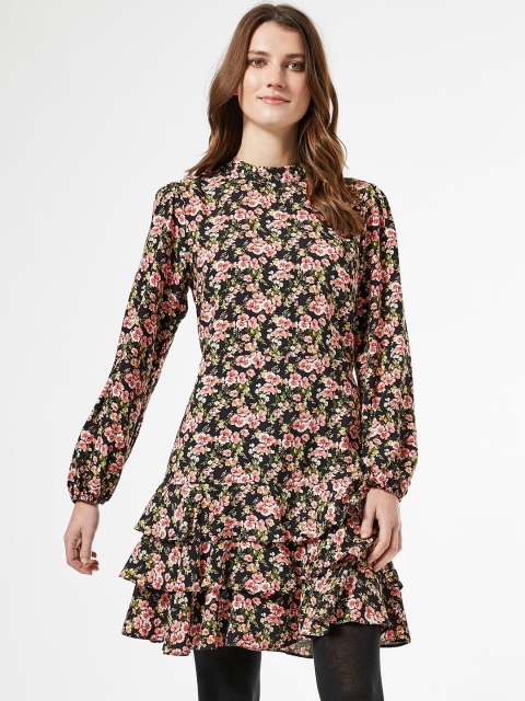 

DOROTHY PERKINS Women Black & Peach-Coloured Floral Print Drop-Waist Dress