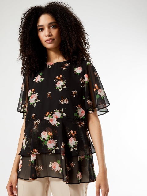

DOROTHY PERKINS Women Black & Pink Floral Print A-Line Tiered Top