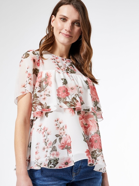 

DOROTHY PERKINS Women Off-White & Pink Floral Print A-Line Top