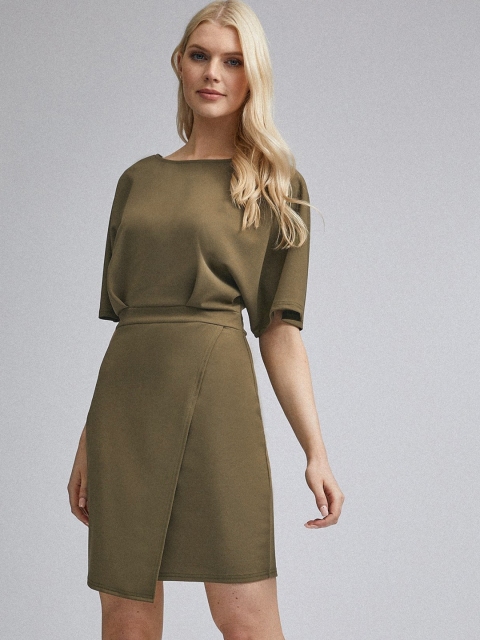 

DOROTHY PERKINS Women Olive Green Solid Asymmetric Sheath Dress