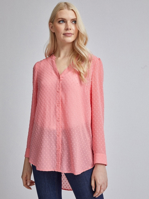 

DOROTHY PERKINS Women Coral Pink Dobby Weave Semi Sheer Longline High-Low Casual Shirt