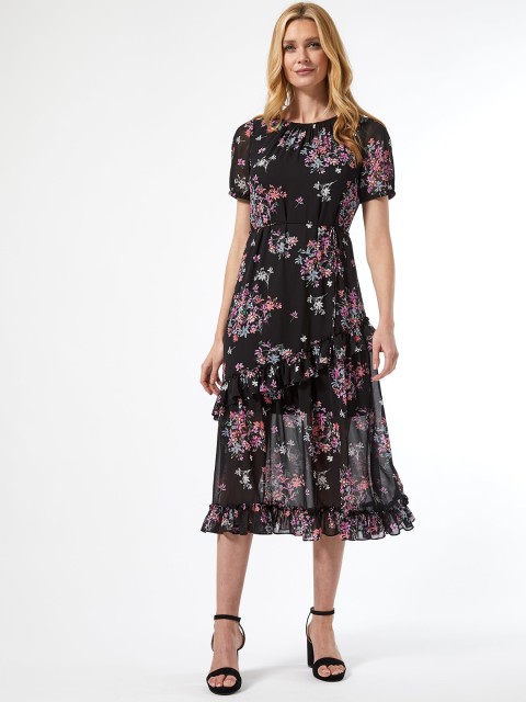 

DOROTHY PERKINS Women Black & Pink Floral Print Tiered A-Line Dress