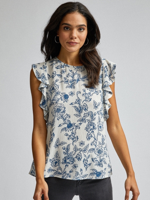 

DOROTHY PERKINS Women White & Blue Floral Printed Top