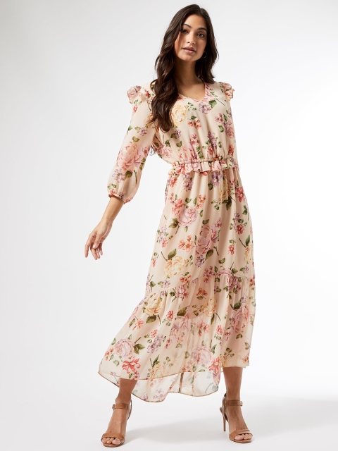 

DOROTHY PERKINS Women Beige & Pink Floral Print Petite High-Low Maxi Dress