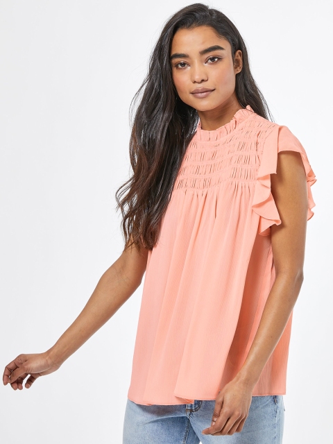 

DOROTHY PERKINS Women Dusty Pink Smocked Solid Flutter Sleeves Top