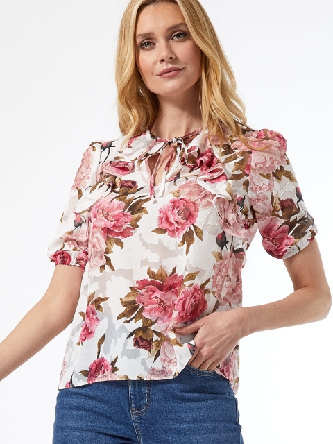

DOROTHY PERKINS Women Off-White & Pink Floral Print Self Design Top