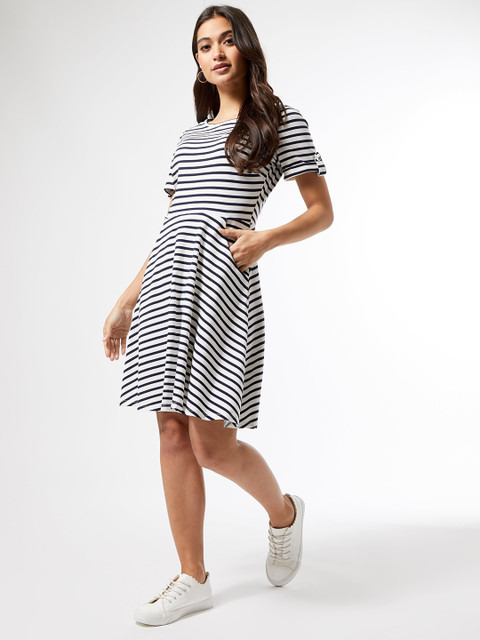 

DOROTHY PERKINS Women White & Navy Blue Striped A-Line Dress