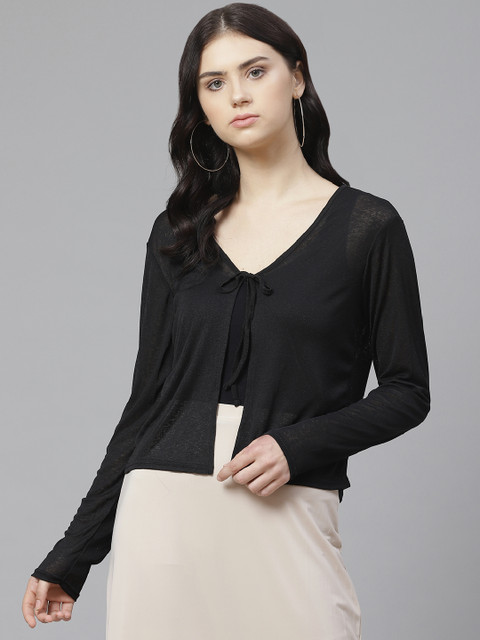 

DOROTHY PERKINS Women Black Semi-Sheer Solid Tie-Up Shrug