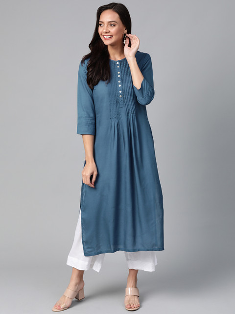 

HERE&NOW Women Teal Blue Solid Straight Kurta