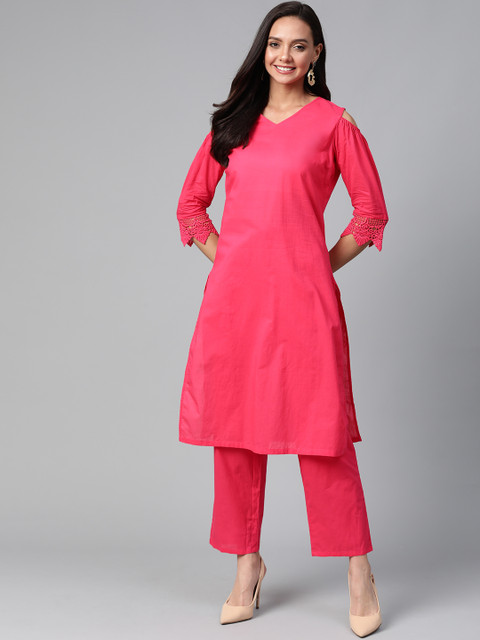 

HERE&NOW Women Pink Solid Cold-Shoulder Kurta with Trousers
