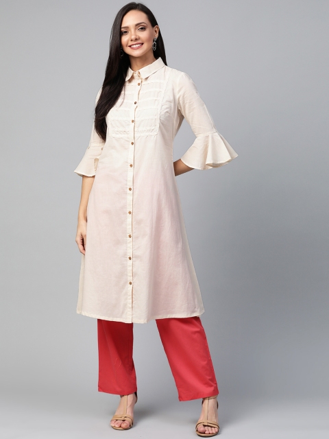 

HERE&NOW Women Cream-Coloured Lace Detail A-Line Kurta