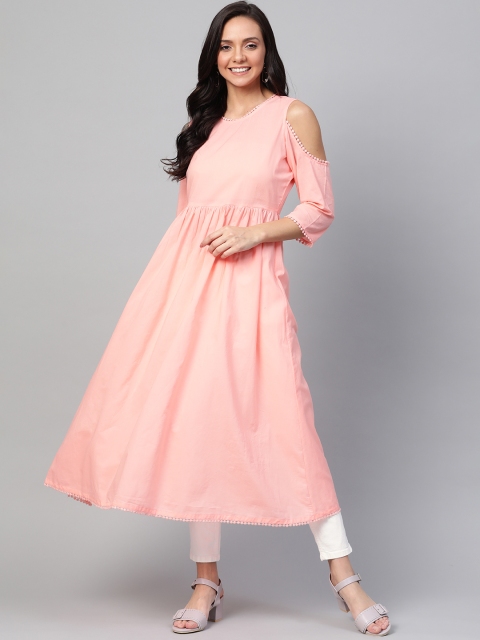 

HERE&NOW Women Coral Pink Solid Cold-Shoulder A-Line Kurta