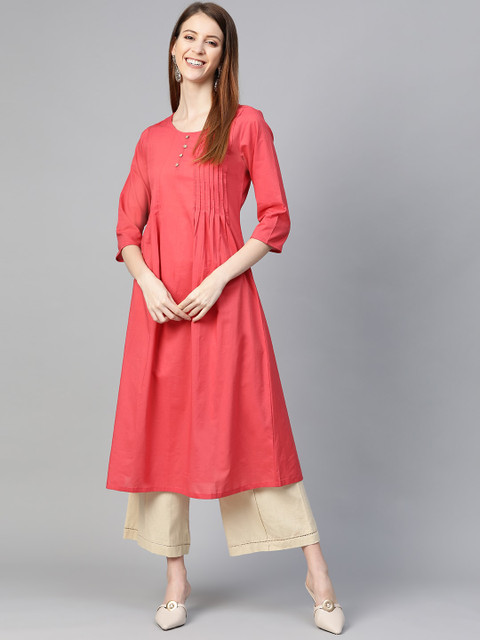 

HERE&NOW Women Coral Pink Solid A-Line Kurta