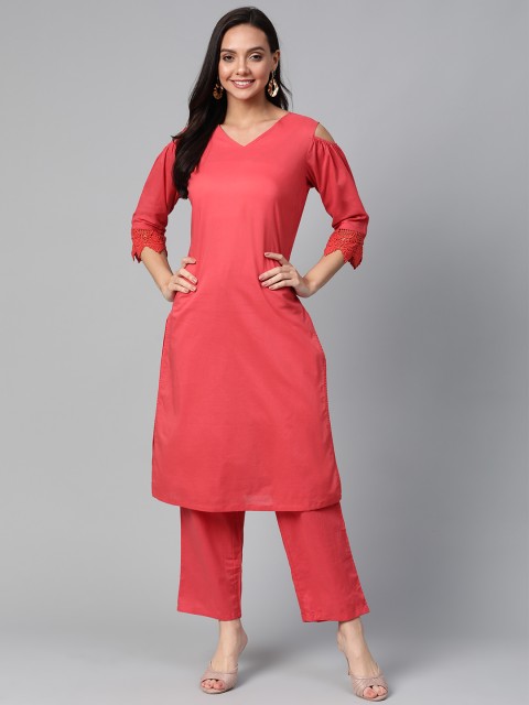 

HERE&NOW Women Red Solid Cold-Shoulder Kurta with Trousers
