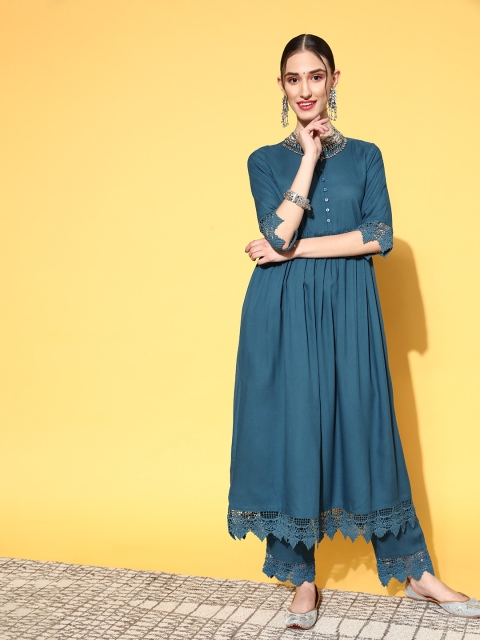 

HERE&NOW Women Teal Viscose Rayon I-Spy Lace Kurta Set