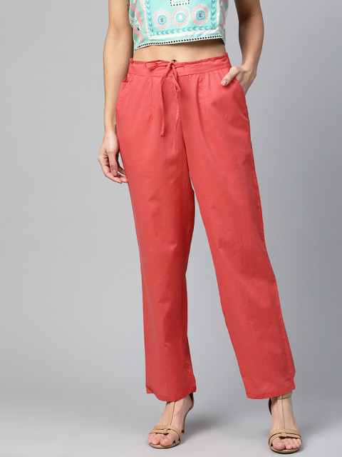 

HERE&NOW Women Coral Red Solid Straight Palazzos