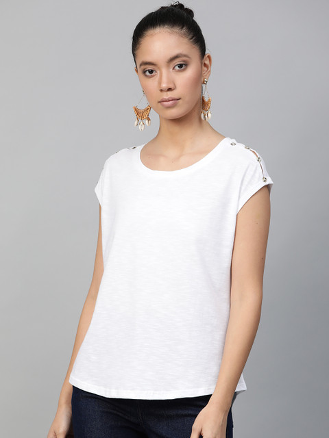 

DOROTHY PERKINS Petite Women White Solid Round Neck T-shirt