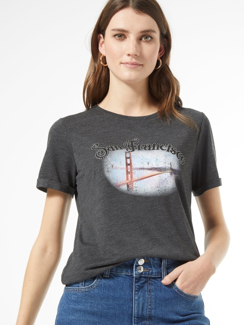 

DOROTHY PERKINS Women Charcoal Grey Printed Round Neck T-shirt
