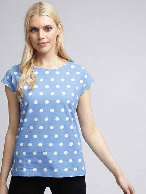 

DOROTHY PERKINS Women Blue & White Polka Dot Print Round Neck T-shirt