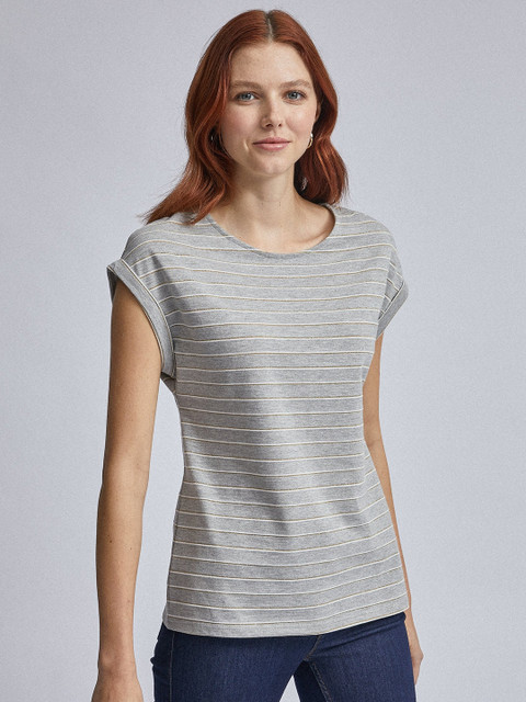 

DOROTHY PERKINS Women Grey Melange & Golden Striped Round Neck T-shirt