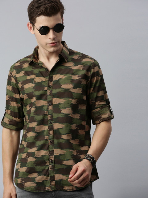 

Roadster Men Olive Green & Beige Regular Fit Printed Casual Shirt