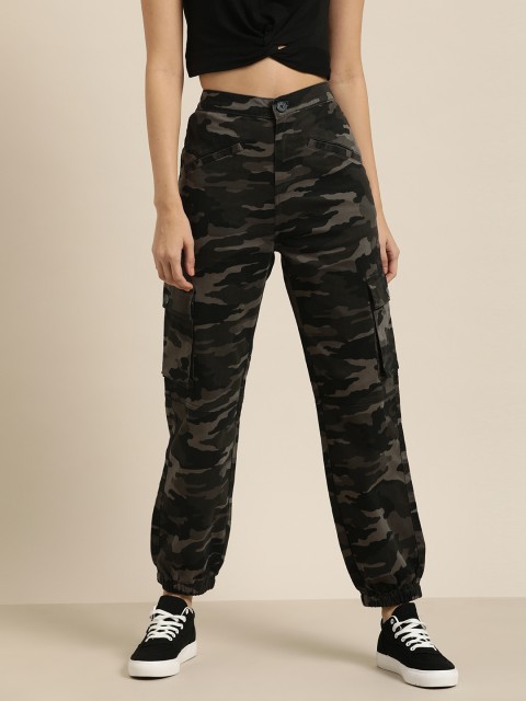 

Moda Rapido Women Olive Green & Khaki Regular Fit Camouflage Printed Cargo Joggers