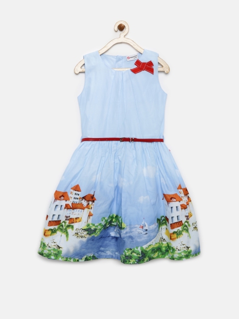 

Peppermint Girls Blue Printed Fit & Flare Dress