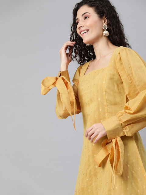

Inddus Women Mustard Yellow Woven Design A-Line Puff Sleeve Kurta with Tie-Ups