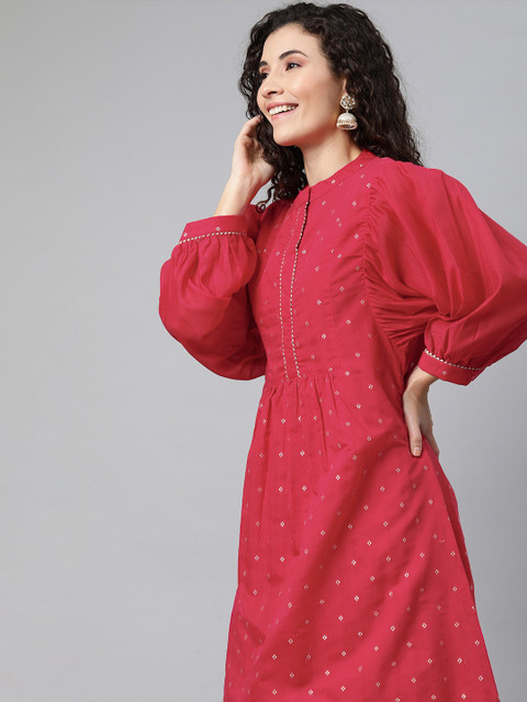 

Inddus Women Magenta Pink & Golden Woven Design Puff sleeve A-Line Kurta