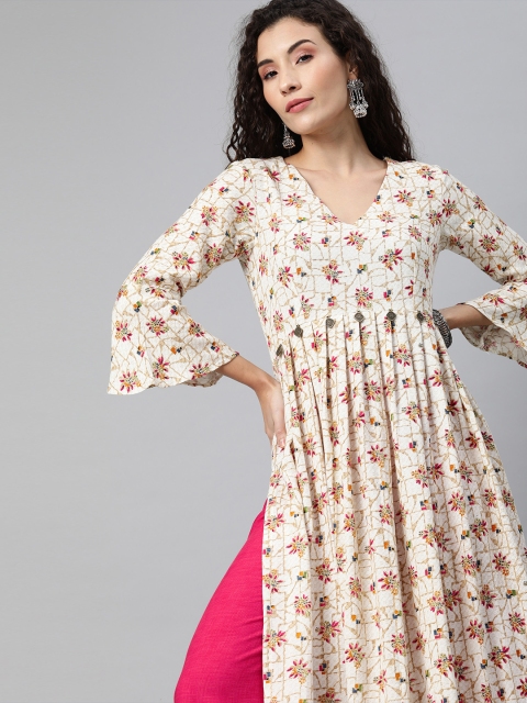 

Inddus Women Off-White & Pink Printed Kurta with Palazzos