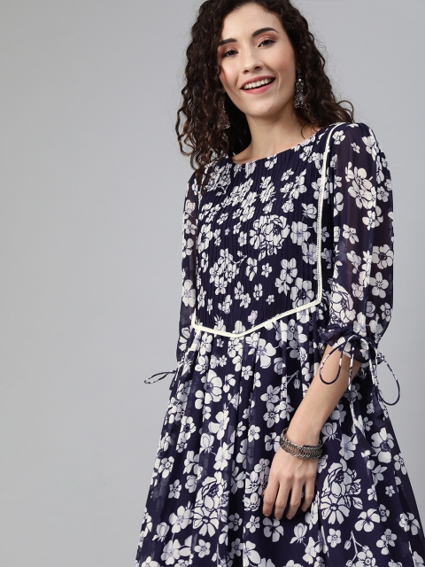 

Inddus Women Navy Blue & White Printed Fit and Flare Dress with Pleats
