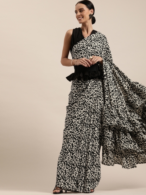 

Inddus Black & Beige Poly Crepe Printed Ruffled Belted Saree Saree