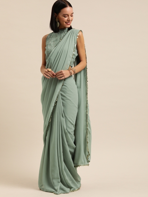 

Inddus Sea Green Solid Poly Georgette One Minute Saree With Embroidered Blouse