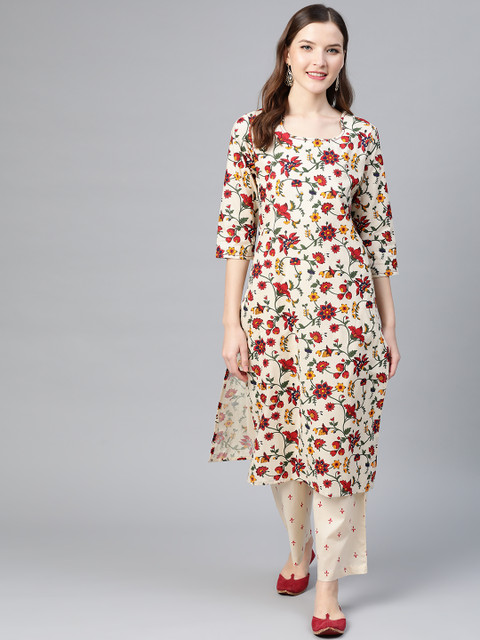 

Idalia Women Cream-Coloured & Red Floral Print Kurta with Palazzos