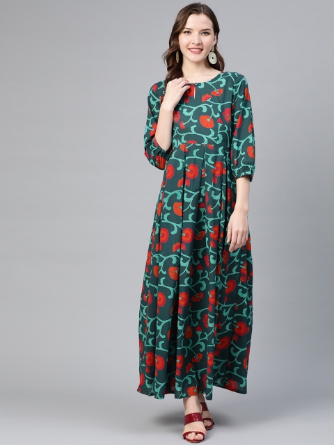 

Idalia Women Green & Orange Printed Maxi Dress